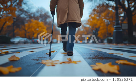 A visually impaired person confidently walking in the city with a smart AI cane. Ideal for inclusive tech, accessibility, and social equality themes. 130526371