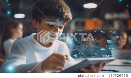 Illustration of a student interacting with an AI tutor application on a tablet showing holographic interface in a modern classroom. Perfect for e-learning and educational technology. 130526616