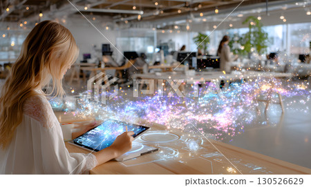 Illustration of a student interacting with an AI tutor application on a tablet showing holographic interface in a modern classroom. Perfect for e-learning and educational technology. 130526629