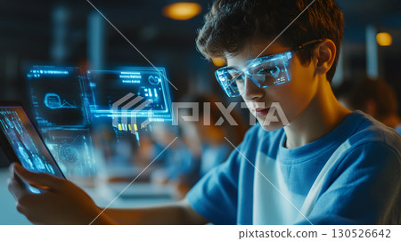 Illustration of a student interacting with an AI tutor application on a tablet showing holographic interface in a modern classroom. Perfect for e-learning and educational technology. Illustration of a student interacting with an AI tutor application on a tablet showing holographic interface in a modern classroom. Perfect for e-learning and educational technology. 130526642