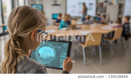 Illustration of a student interacting with an AI tutor application on a tablet showing holographic interface in a modern classroom. Perfect for e-learning and educational technology. 130526648