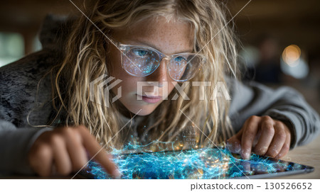 Illustration of a student interacting with an AI tutor application on a tablet showing holographic interface in a modern classroom. Perfect for e-learning and educational technology. 130526652