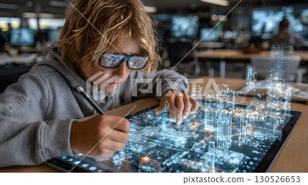 Illustration of a student interacting with an AI tutor application on a tablet showing holographic interface in a modern classroom. Perfect for e-learning and educational technology. 130526653