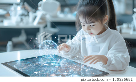 Illustration of a student interacting with an AI tutor application on a tablet showing holographic interface in a modern classroom. Perfect for e-learning and educational technology. Illustration of a student interacting with an AI tutor application on a tablet showing holographic interface in a modern classroom. Perfect for e-learning and educational technology. 130526691