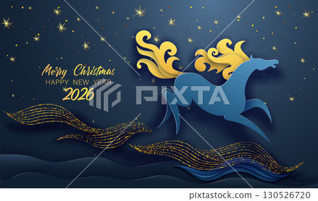 Year of the horse, Chinese New Year 2026 banner with blue horse and clouds, gold manner and stars 130526720