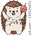 Hedgehog decorating Christmas tree with baubles and lights for a festive holiday scene. 130526831
