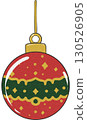Festive red Christmas ornament with golden stars and a green stripe accent, perfect for holiday tree decoration. 130526905