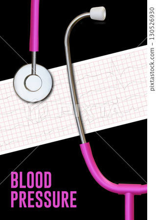 Blood pressure realistic poster, banner template with medical stethoscope and ecg. Vector. Healthcare, medicine and diagnosis concept. Medical equipment blood pressure monitor. 130526930