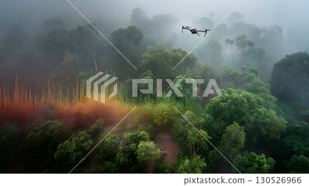 A drone uses AI tracking systems to monitor animals in a lush wildlife preserve. Great for conservation, research, and environmental themes. A drone uses AI tracking systems to monitor animals in a lush wildlife preserve. Great for conservation, research, and environmental themes. 130526966