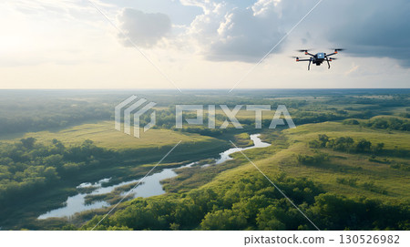 A drone uses AI tracking systems to monitor animals in a lush wildlife preserve. Great for conservation, research, and environmental themes. 130526982