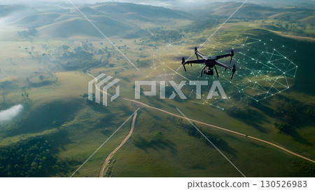 A drone uses AI tracking systems to monitor animals in a lush wildlife preserve. Great for conservation, research, and environmental themes. 130526983