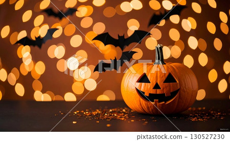Halloween night pumpkins, bats and light bokeh 130527230