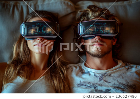 A woman and a man lying on a couch, wearing virtual reality headsets. Concept of immersive technology experience. For tech innovation photo. A woman and a man lying on a couch, wearing virtual reality headsets. Concept of immersive technology experience. For tech innovation photo. 130527486
