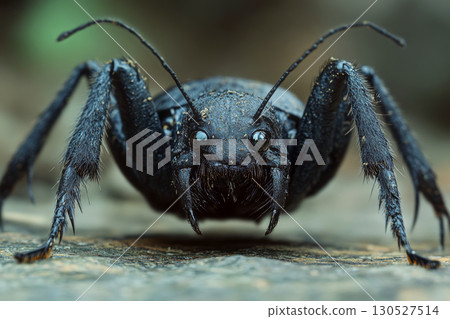 Black ant crawling on a rock, close-up view. Concept of nature and insect detail. For educational nature content 130527514