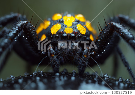 Black and orange spider with dew on its body, centered on green background. Concept of nature and wildlife. For educational use. 130527519