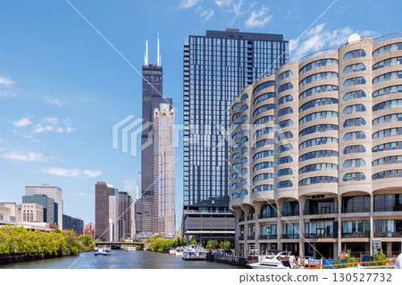 Vibrant sunny view of Chicago downtown skyline under a blue sky 130527732
