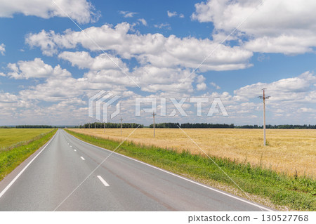 Endless asphalt road stretching through a summer landscape of green fields under a sunny sky Endless asphalt road stretching through a summer landscape of green fields under a sunny sky 130527768