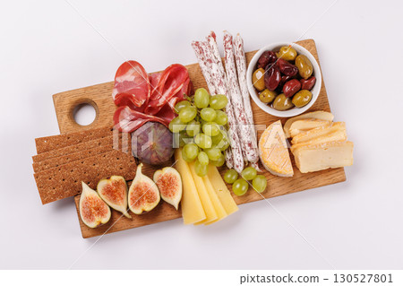 Antipasto platter with prosciutto, cheese, olives, salami, figs, grapes, and crackers Antipasto platter with prosciutto, cheese, olives, salami, figs, grapes, and crackers 130527801