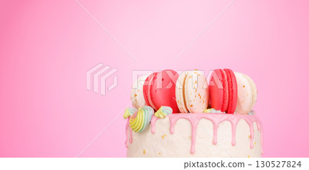 A beautifully decorated cake adorned with colorful macarons 130527824