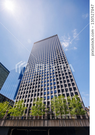 Vibrant sunny view of Chicago downtown skyline under a blue sky 130527847