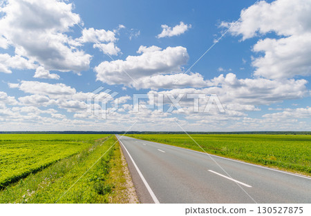Endless asphalt road stretching through a summer landscape of green fields under a sunny sky Endless asphalt road stretching through a summer landscape of green fields under a sunny sky 130527875