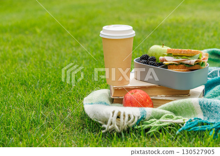 Romantic picnic on a lawn with books, fresh sandwiches, fruits, and coffee 130527905