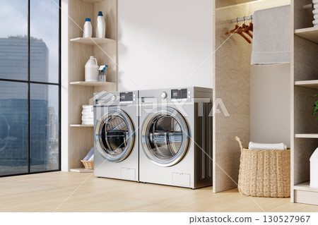 Chic laundry area showcasing modern washing machines and streamlined organization. 3D render illustration Chic laundry area showcasing modern washing machines and streamlined organization. 3D render illustration 130527967