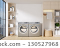 Well-designed laundry room with modern washing machines and optimal organization. 3D render illustration 130527968