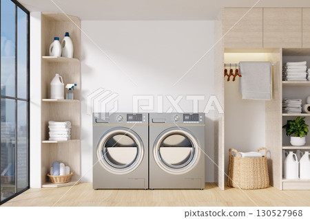 Well-designed laundry room with modern washing machines and optimal organization. 3D render illustration 130527968