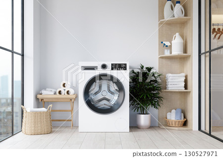 Contemporary laundry space equipped with a modern washing machine and stylish accessories. 3D render illustration Contemporary laundry space equipped with a modern washing machine and stylish accessories. 3D render illustration 130527971