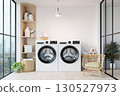Laundry room design featuring modern washing machines and storage solutions. 3D render illustration 130527973