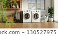 Home laundry design featuring sleek white washing machines. 3D render illustration 130527975
