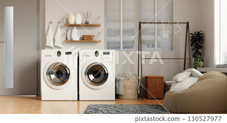 Elegant laundry room design featuring modern appliances and decor. 3D render illustration 130527977