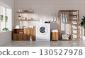 Home laundry organization with stylish shelving and modern appliances. 3D render illustration 130527978