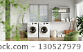 Stylish home laundry setup with efficient washing machines. 3D render illustration 130527979