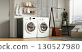 Contemporary laundry room design with practical washing machines and decor. 3D render illustration 130527980