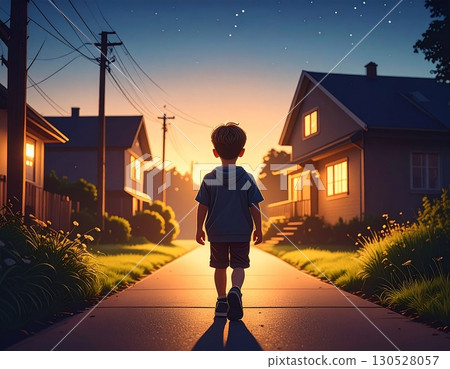 Back view of a child walking at dusk 130528057