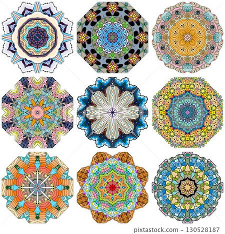 Set of colorful cute Mandalas. Decorative unusual round ornaments. 130528187