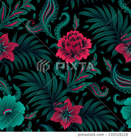 Bohemian Tropical Ornate Romantic Floral Vintage Opulent Paisley Motif Seamless Pattern 130528228