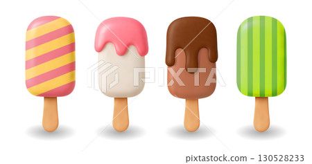 3D Ice Cream Popsicles Flat Summer Icon Realistic Vector Set Frozen Dessert 130528233