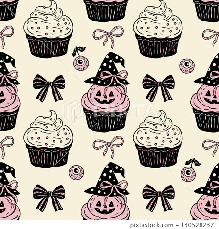 Retro Halloween Cupcake Pattern With Witch Hat And Bows In Vintage Seamless Vector Style 130528237