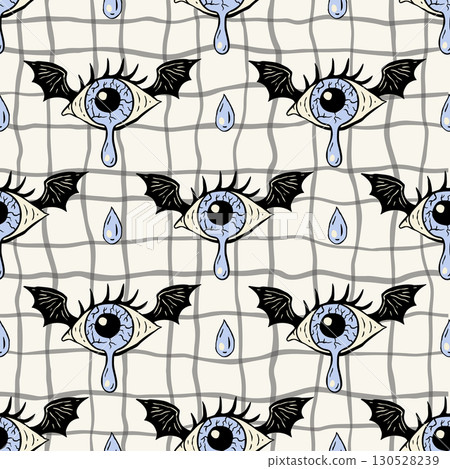 Retro Halloween Monster Eye Seamless Pattern Vector Background Vintage With Crying Eyeball And Bat Wing Retro Halloween Monster Eye Seamless Pattern Vector Background Vintage With Crying Eyeball And Bat Wing 130528239