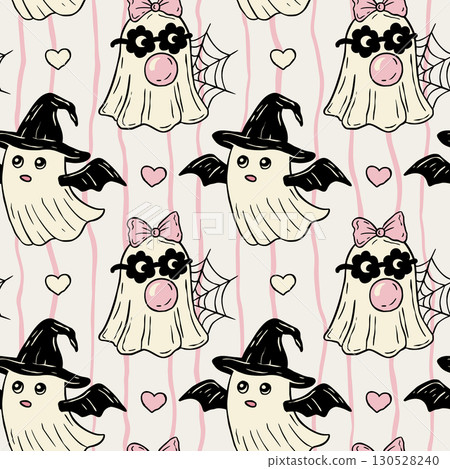 Retro Halloween Cute Ghost, Witch Hat And Heart Seamless Pattern Vector Background Vintage Illustration 130528240