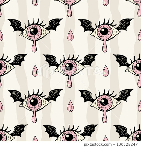 Retro Halloween Monster Eye Seamless Pattern Vector Background Vintage With Crying Eyeball And Bat Wing Retro Halloween Monster Eye Seamless Pattern Vector Background Vintage With Crying Eyeball And Bat Wing 130528247
