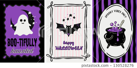 Retro Pink Halloween Poster Flyer Set Whimsical Doodle Coquette Cute Card Vector With Ghost Bat Cauldron Spooky 130528276