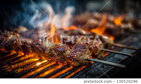 Lamb skewers sizzling over hot coals, releasing savory aroma while flames dance and smoke billows 130528296
