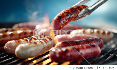 Tongs holding sizzling grilled sausage over flaming barbecue grill, capturing summer cookout essence with smoky, appetizing aroma Tongs holding sizzling grilled sausage over flaming barbecue grill, capturing summer cookout essence with smoky, appetizing aroma 130528306