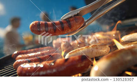 Metallic tongs turning sizzling sausages over charcoal grill during backyard cookout 130528307