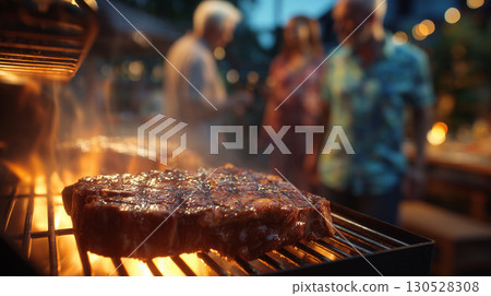 Juicy steak grilling on barbecue grill with flames and smoke, friends enjoying evening in background 130528308