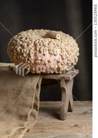 Galeux D Eysines Pumpkin On Rustic Wooden Stool Galeux D Eysines Pumpkin On Rustic Wooden Stool 130528468